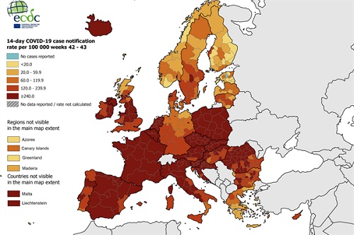 Figuur 5. Aantal COVID-19 meldingen in de afgelopen 2 kalenderweken (week 42 en 43) in de EU/EEA en het Verenigd Koninkrijk per 100.000 inwoners per regio. Bron: ECDC 