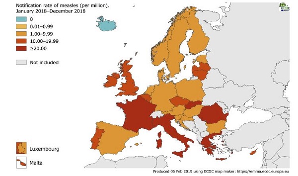 Figuur 1. Meldingsrate van mazelen (per miljoen inwoners) per land in de EU/EEA, 1 januari 2018 t/m 31 december 2018. Bron: ECDC.